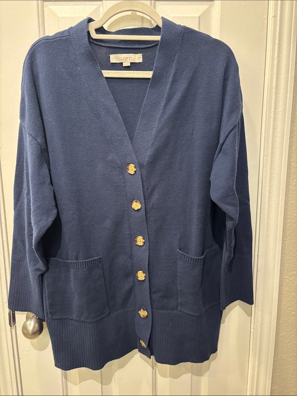 LOFT Navy Button-Front V-Neck Pocket Cardigan